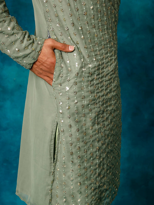 Men's Mint Green Georgette Sequins  Kurta